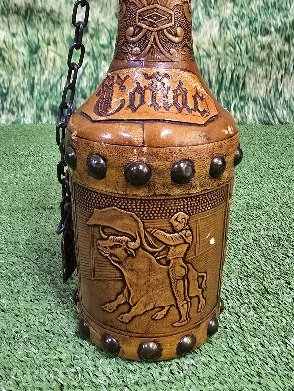 Vintage Handtooled Spanish Leather Glass Conac Decanter w Cork Plug Chain Tassel